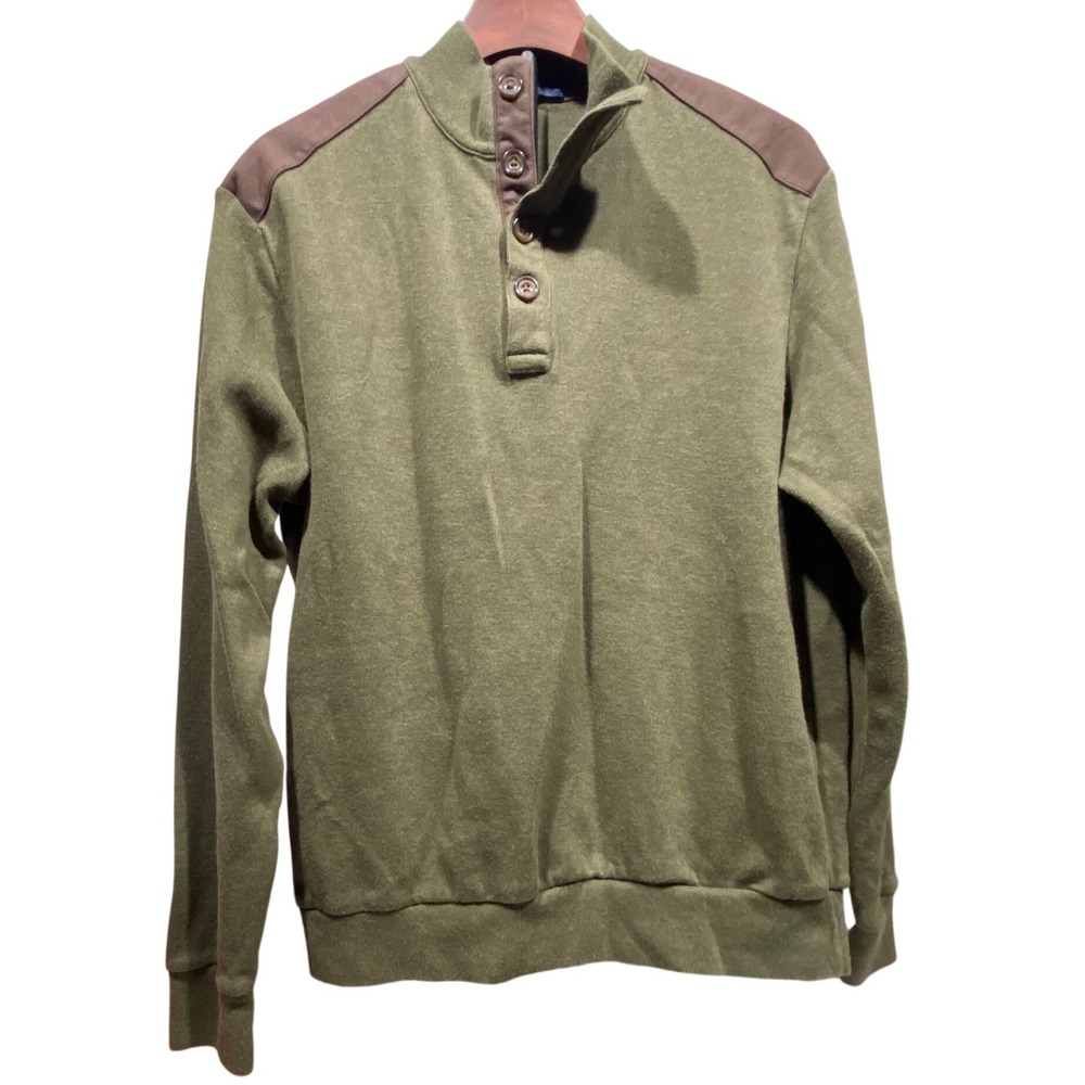 Cremieux Classics Mens Olive Green Cotton‎ Modal Button Mock Neck Pullover Large
